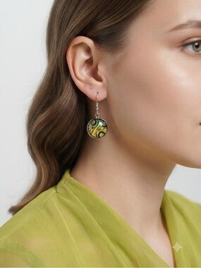 Colorful Glass Cabochon Art Dangle Earrings Abstract Round Drops